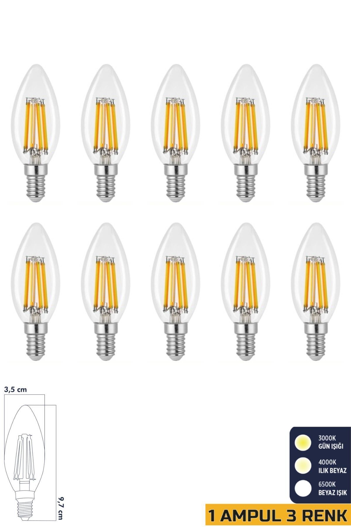 3 Renkli Filament Rustik LED Ampul 6W E14 C35 10'lu ERD-260