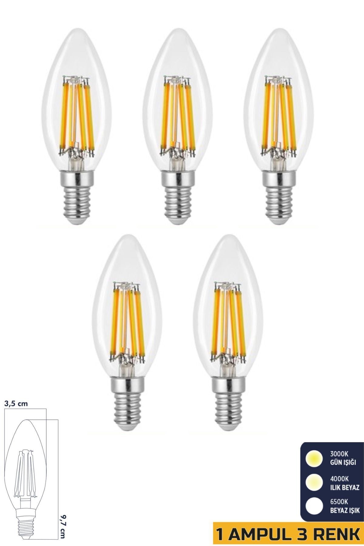 3 Renkli Filament Rustik LED Ampul 6W E14 C35 5'li ERD-260