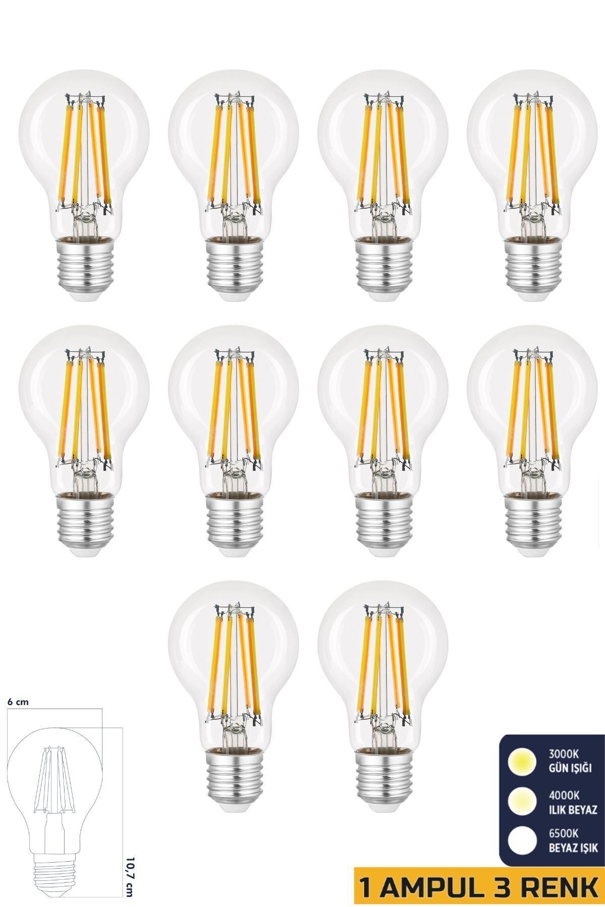 3 Renkli Led Filament Rustik Ampul 6W E27 A60 10'lu ERD-261