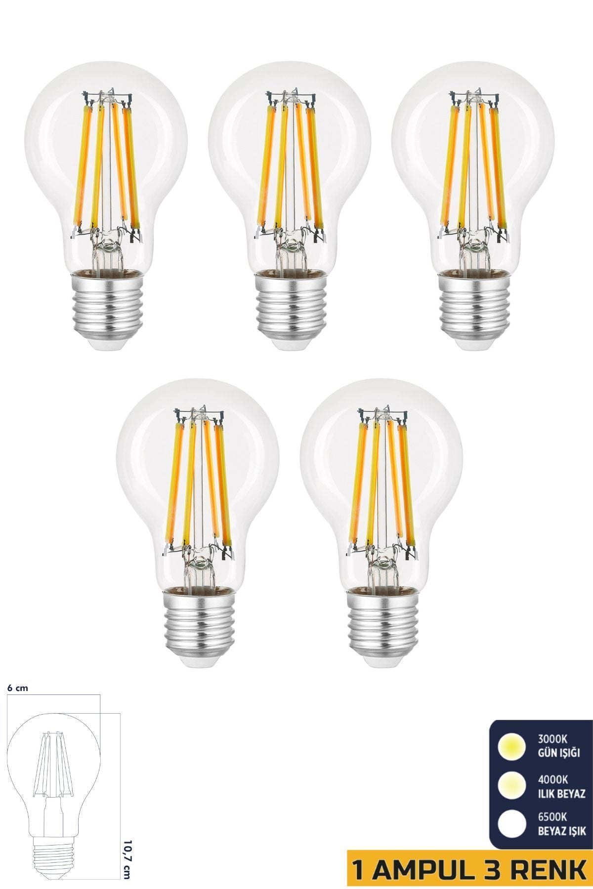 3 Renkli Led Filament Rustik Ampul 6W E27 A60 5'li ERD-261