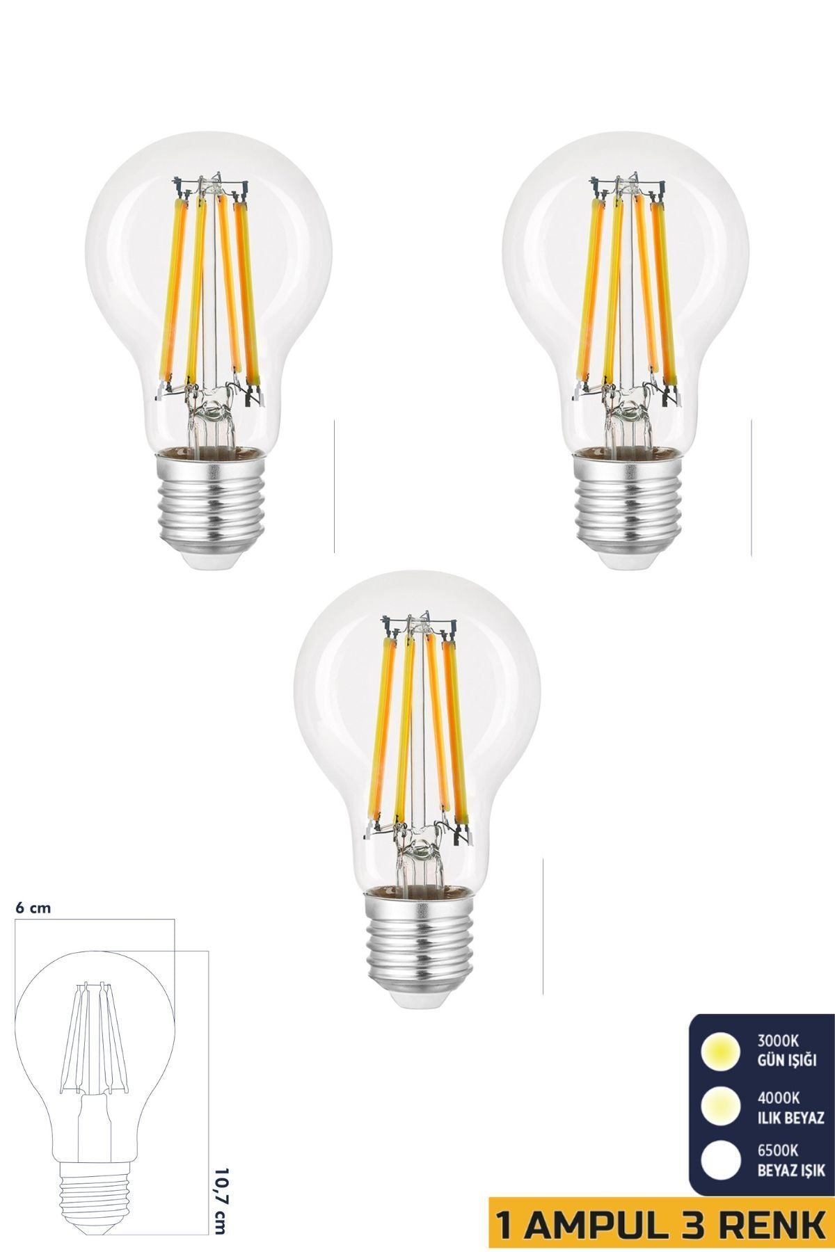 3 Renkli Led Filament Rustik Ampul 6W E27 A60 3'lü ERD-261