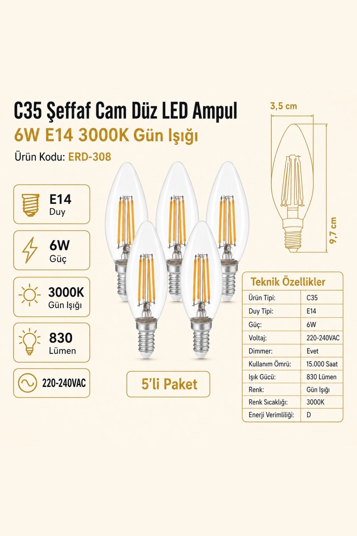 HEKA C35 Şeffaf Cam Düz LED Ampul 6W E14 3000K Gün Işığı ERD-308 5'li