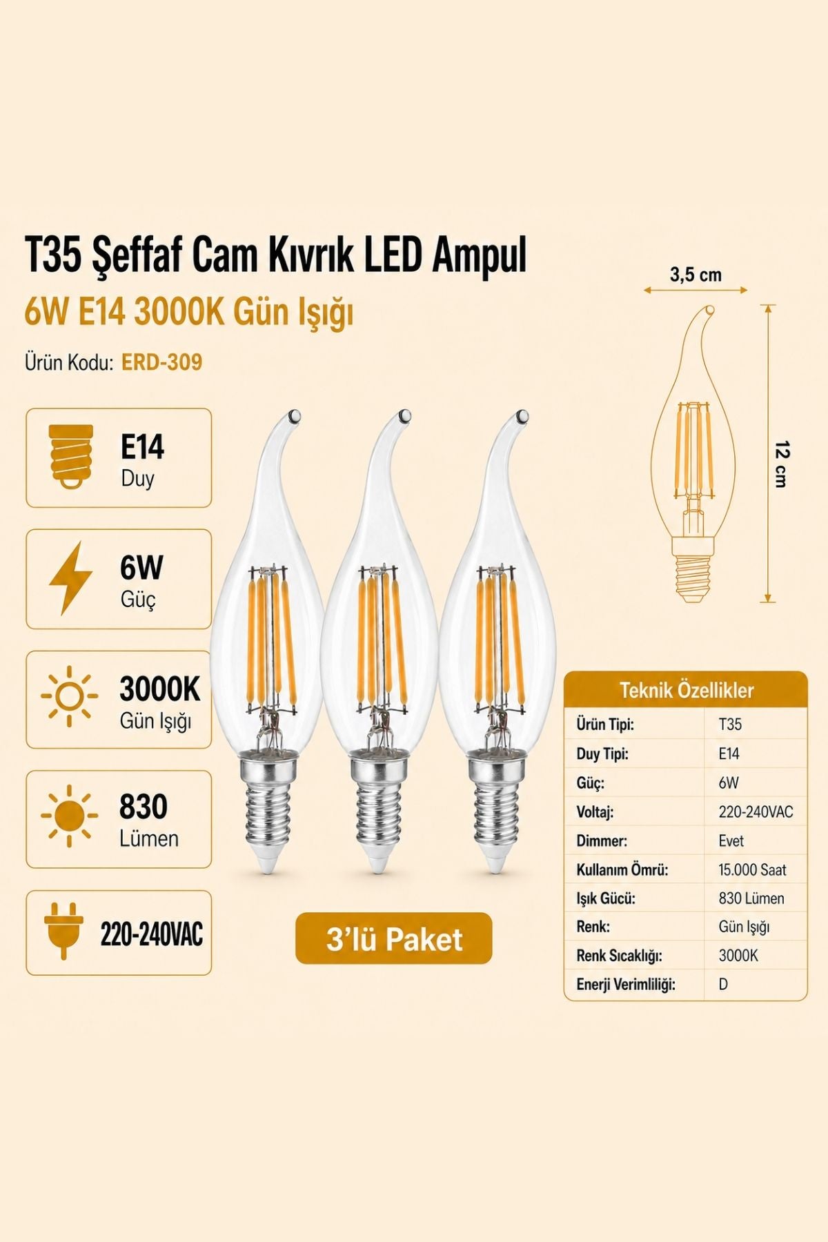 HEKA T35 Şeffaf Cam Kıvrık LED Ampul 6W E14 3000K Gün Işığı ERD-309 3'lü