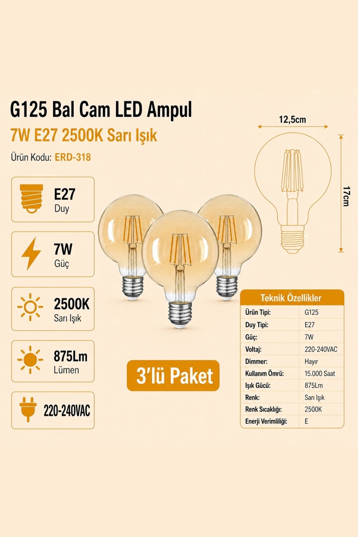 HEKA G125 Bal Cam LED Ampul 7W E27 2500K Sarı Işık ERD-318 3'lü
