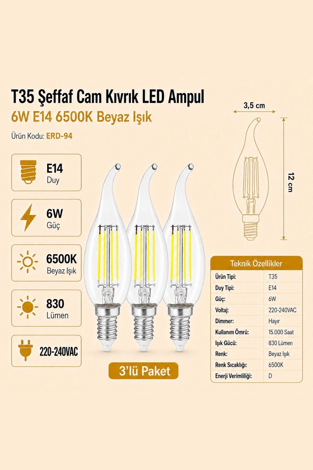 HEKA T35 Şeffaf Cam Kıvrık LED Ampul 6W E14 6500K Beyaz Işık ERD-94 3'lü
