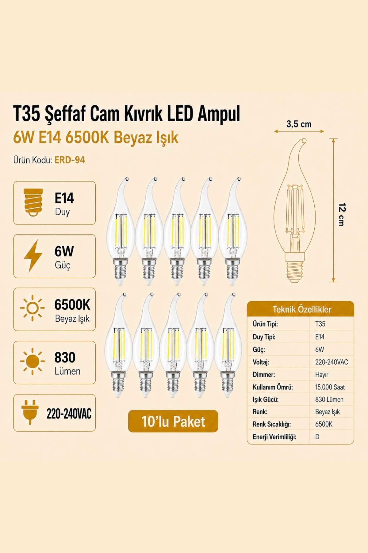 HEKA T35 Şeffaf Cam Kıvrık LED Ampul 6W E14 6500K Beyaz Işık ERD-94 10'lu