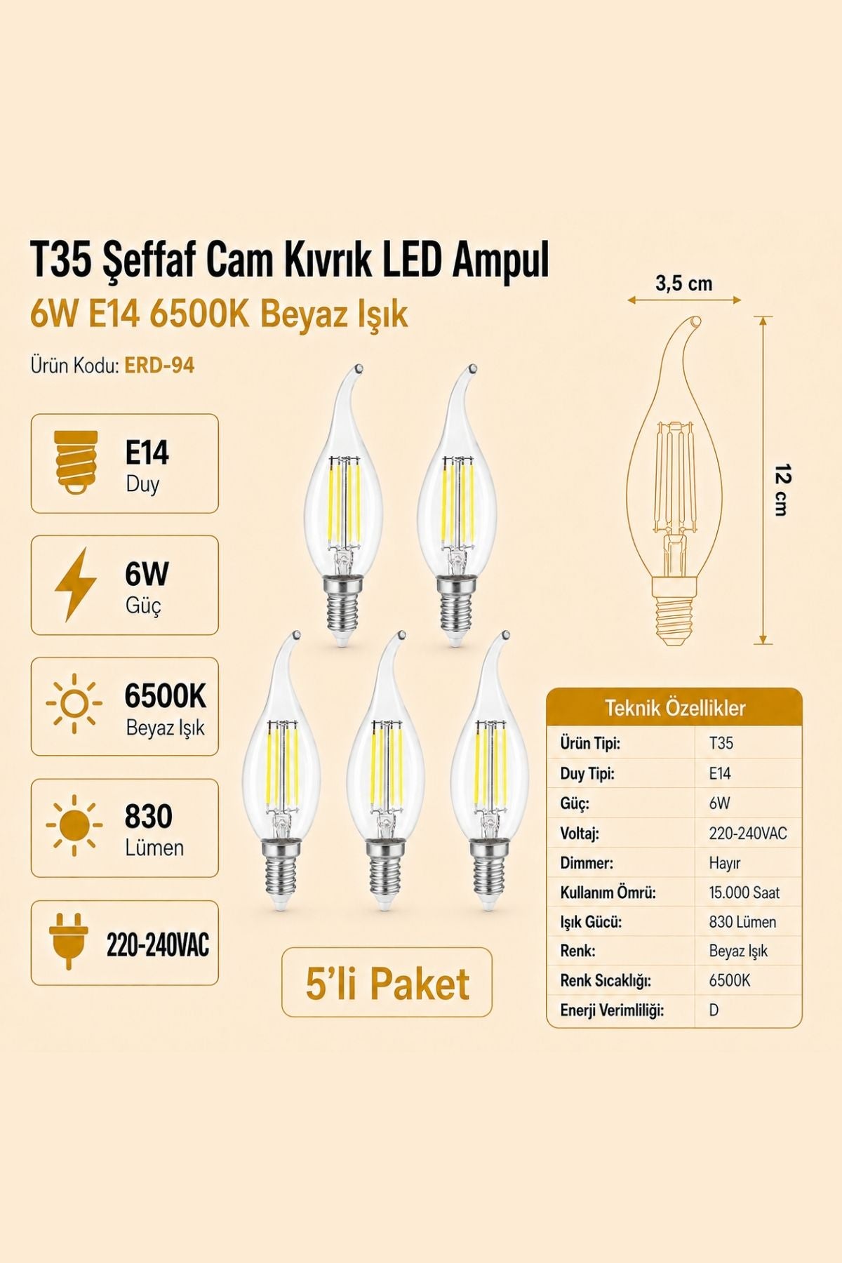 HEKA T35 Şeffaf Cam Kıvrık LED Ampul 6W E14 6500K Beyaz Işık ERD-94 5'li