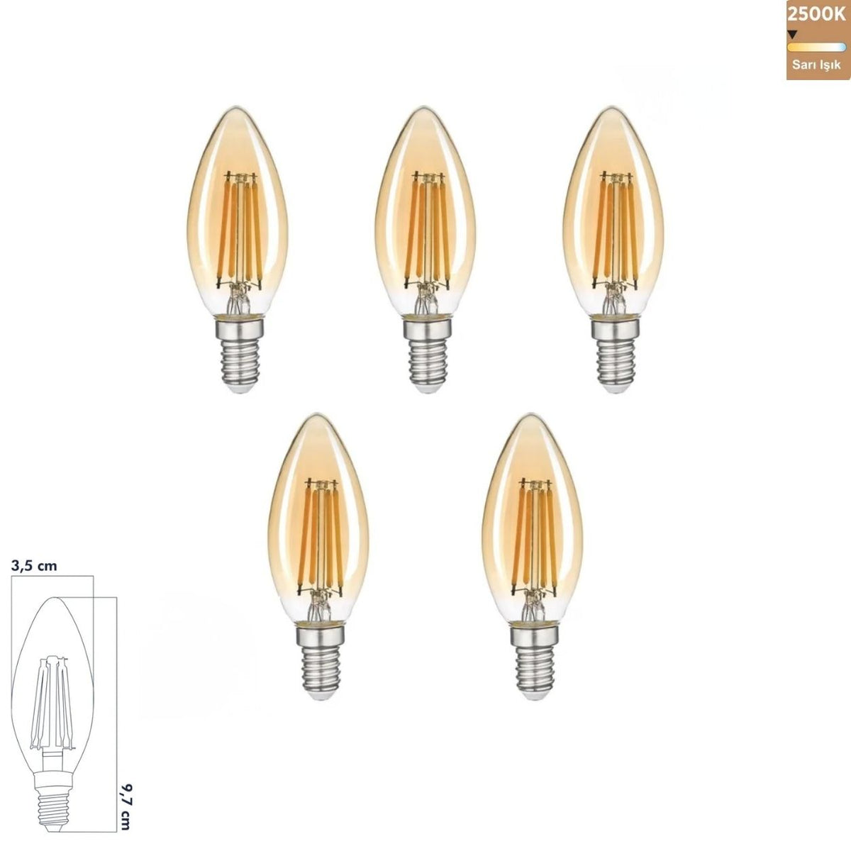 Heka C35 Bal Cam Rustik LED Ampul 6W E14 2500K Sarı Işık ERD-34 (5'li Paket)