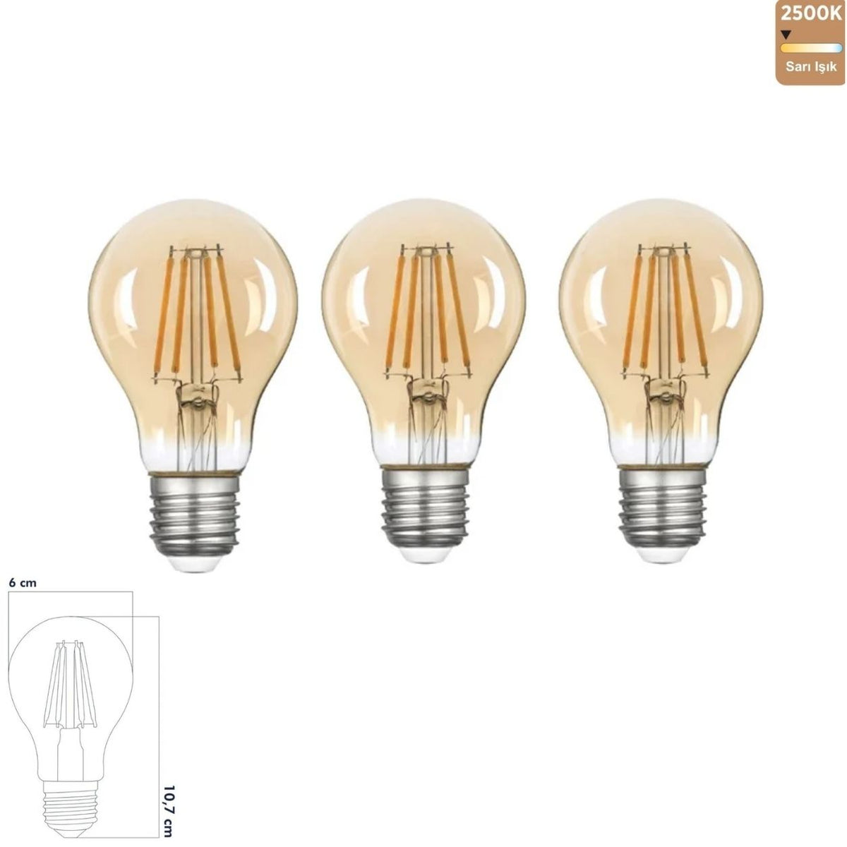Heka A60 Bal Cam Filament LED Ampul 7W E27 2500K Sarı Işık ERD-314 (3'lü Paket)