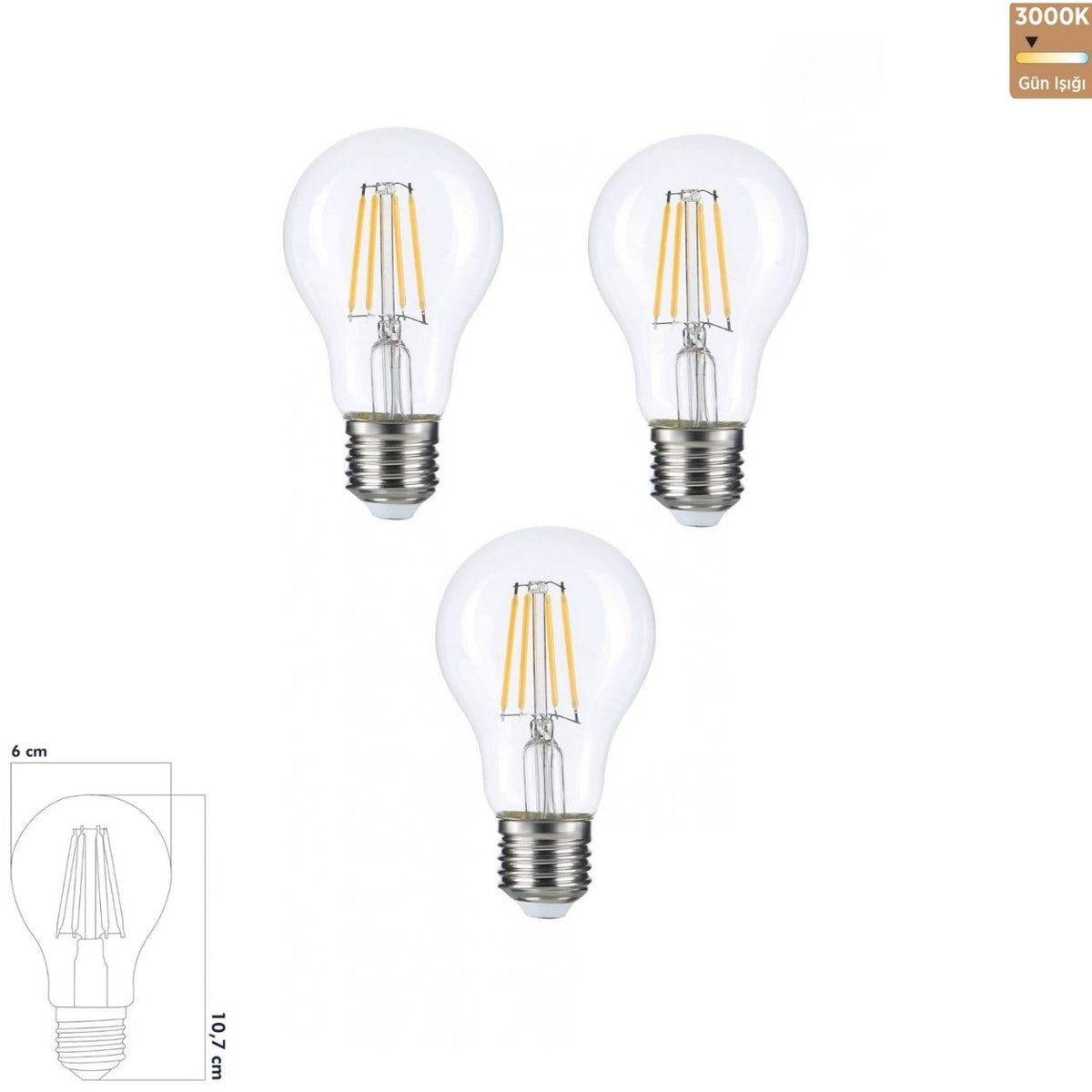 Heka A60 Şeffaf Cam Filament LED Ampul 7W E27 3000K Gün Işığı ERD-310 (3'lü Paket)