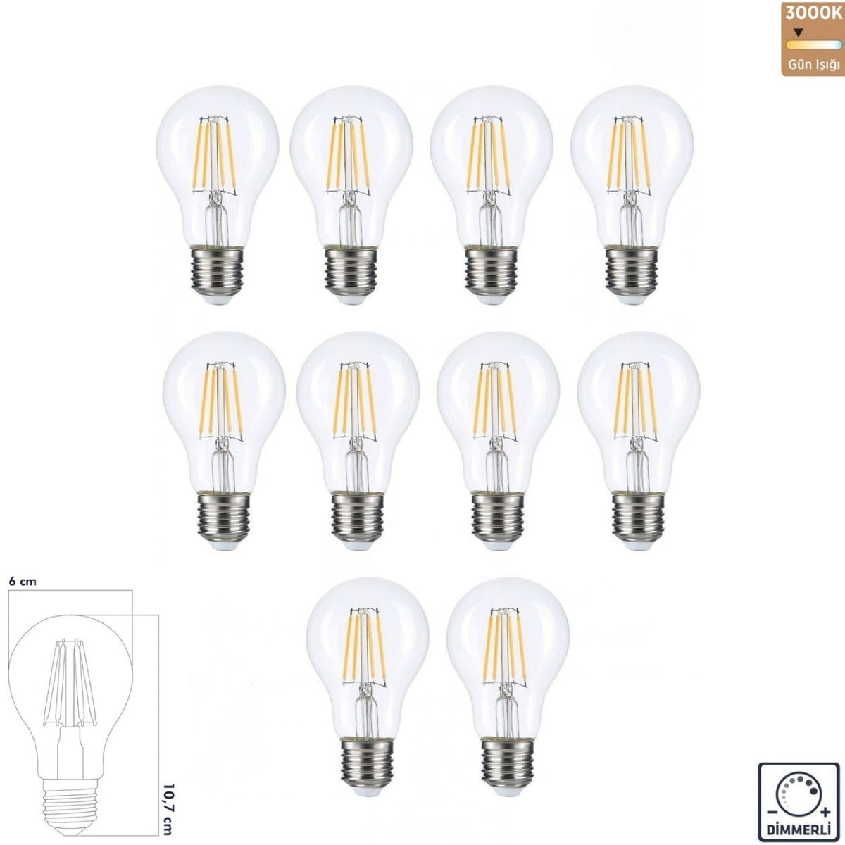 Heka A60 Şeffaf Cam Filament LED Ampul 10W E27 3000K Gün Işığı ERD-313 (10'lu Paket)