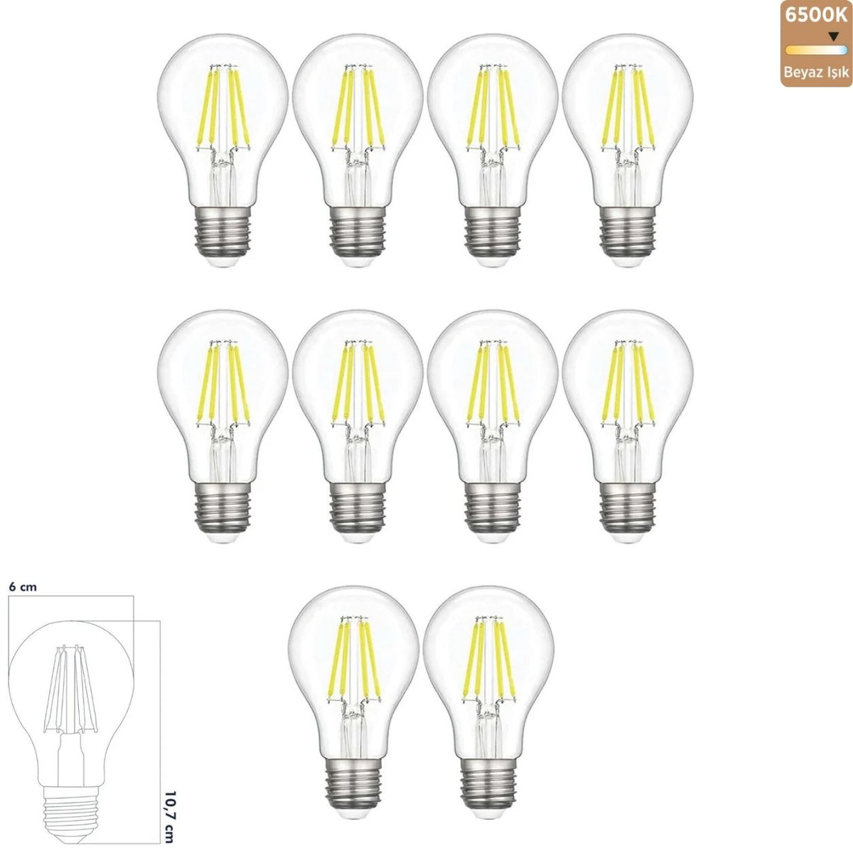 Heka A60 Şeffaf Cam Filament LED Ampul 7W E27 6500K Beyaz Işık ERD-312 (10'lu Paket)