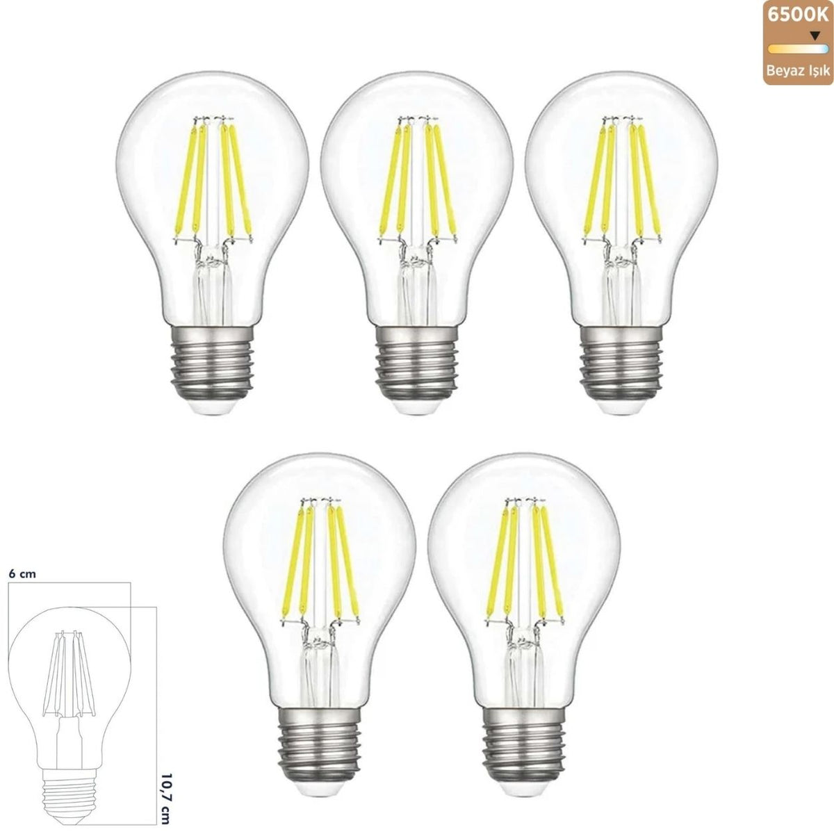 Heka A60 Şeffaf Cam Filament LED Ampul 7W E27 6500K Beyaz Işık ERD-312 (5'li Paket)
