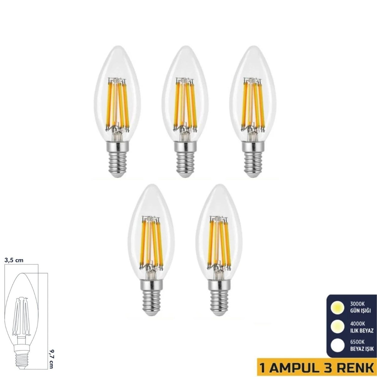 Heka C35 3 Renkli Filament Rustik LED Ampul 6W E14 ERD-260 (5'li Paket)