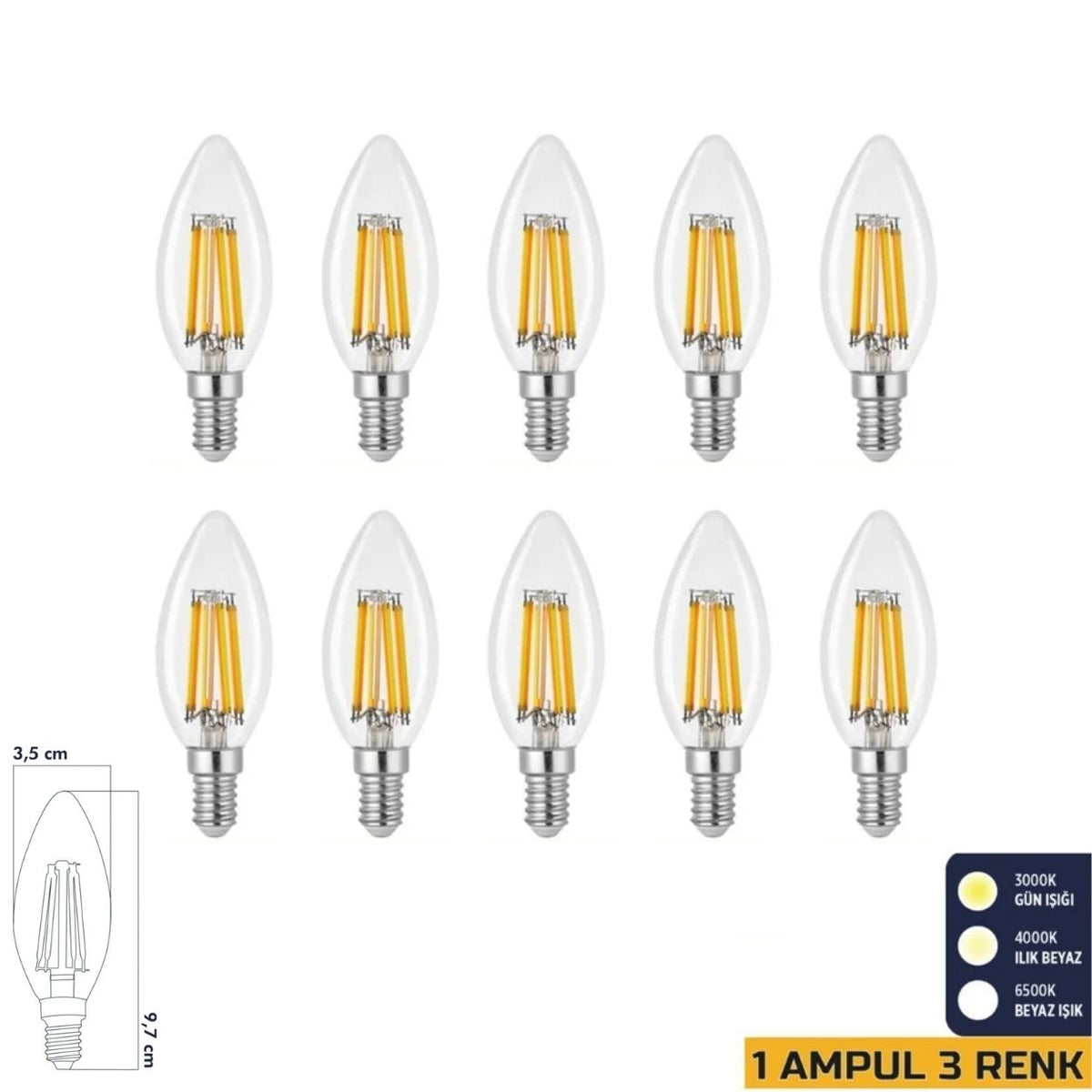 Heka C35 3 Renkli Filament Rustik LED Ampul 6W E14 ERD-260 (10'lu Paket)