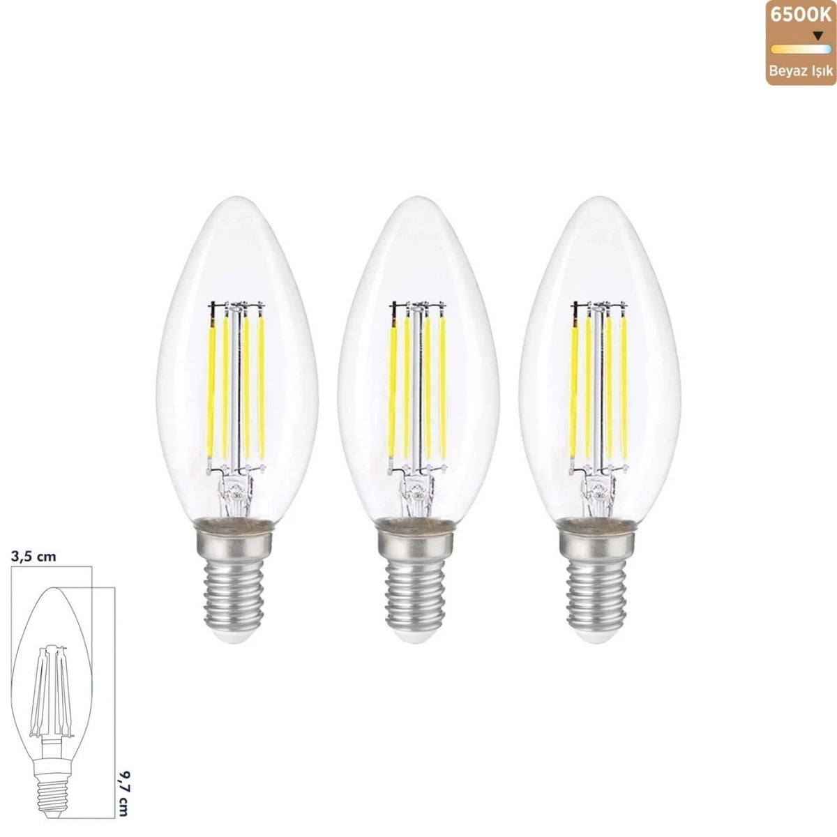 Heka C35 Şeffaf Cam Düz LED Ampul 6W E14 6500K Beyaz Işık ERD-93 (3'lü Paket) Yeni