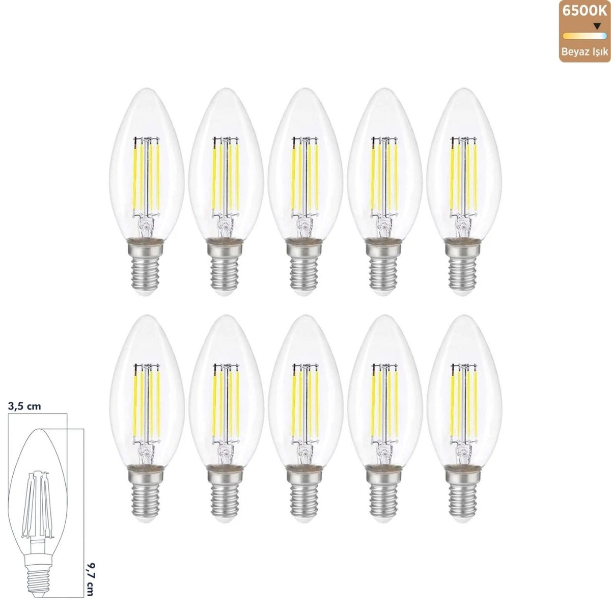Heka C35 Şeffaf Cam Düz LED Ampul 6W E14 6500K Beyaz Işık ERD-93 (10'lu Paket) Yeni