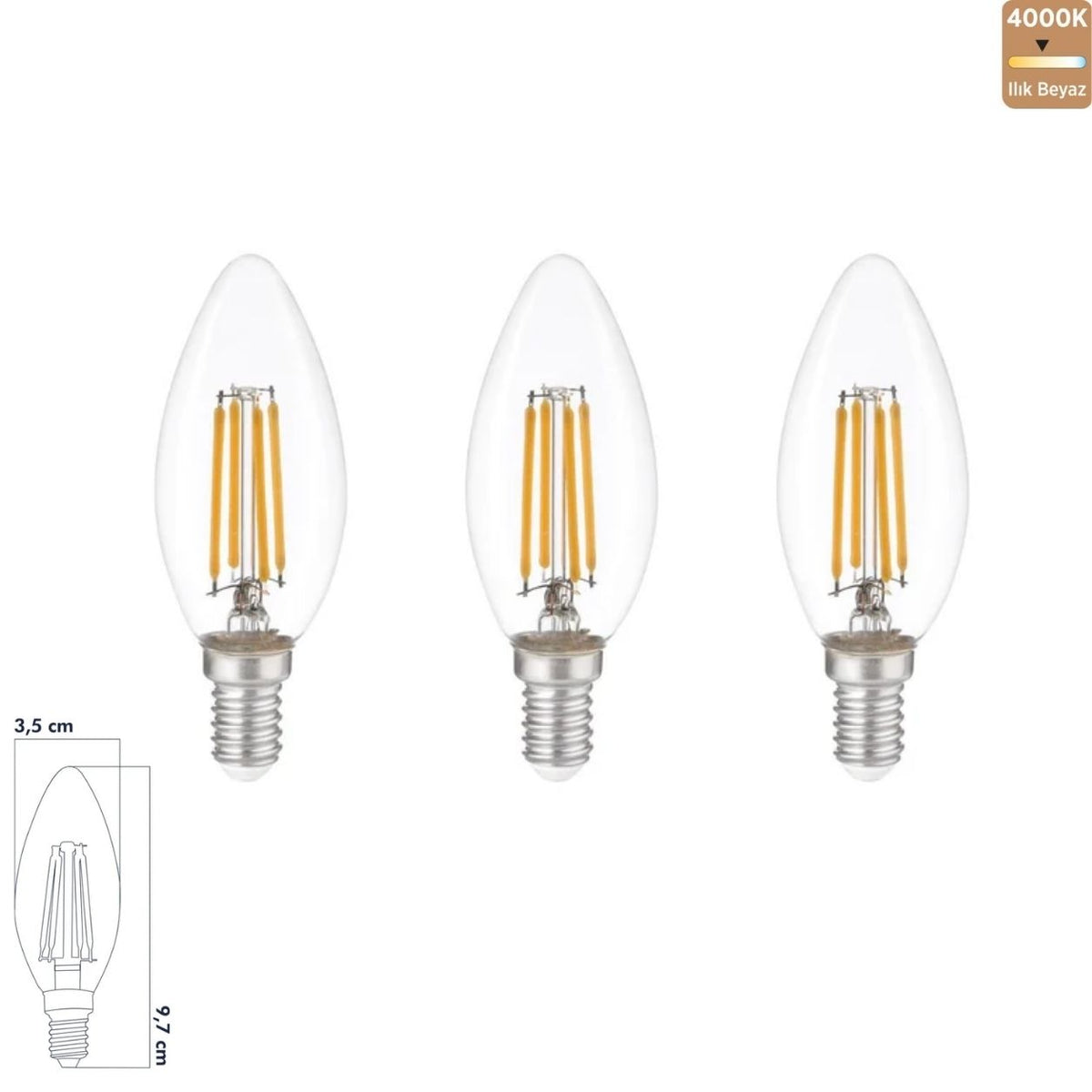 Heka C35 Şeffaf Cam Filament LED Ampul 6W E14 4000K Ilık Beyaz ERD-282 (3'lü Paket)