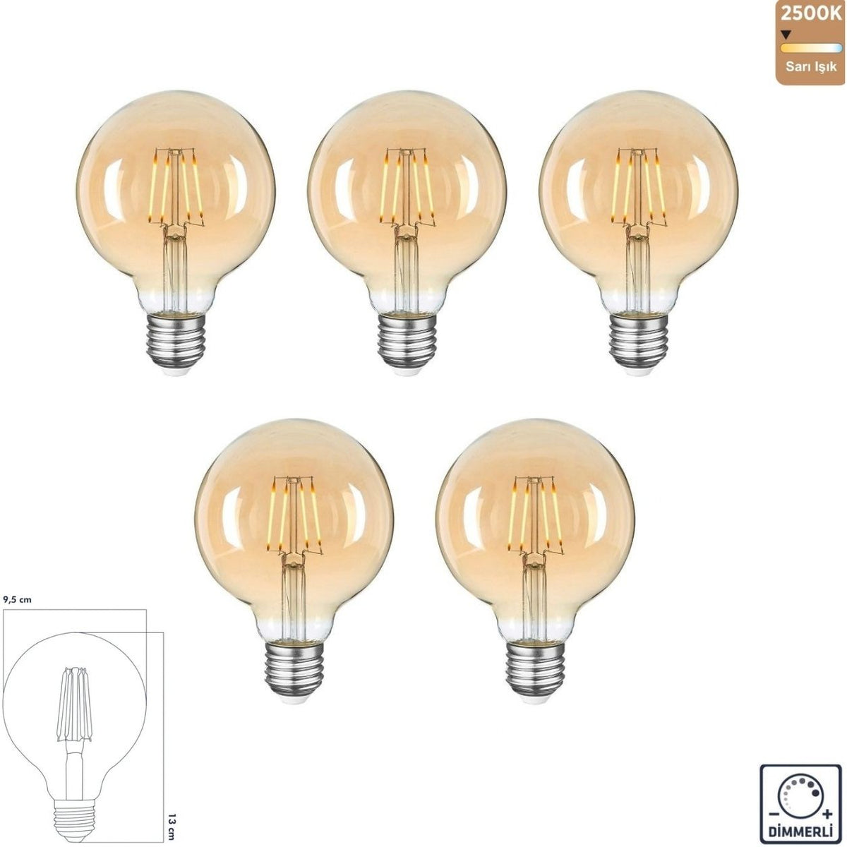 Heka G95 Bal Cam LED Ampul 10W E27 2500K Sarı Işık ERD-316 (5'li Paket)
