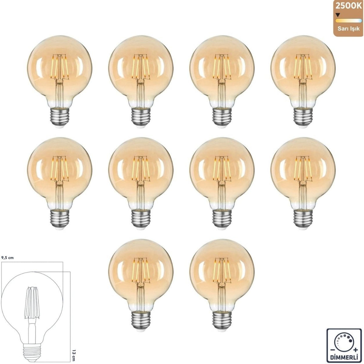 Heka G95 Bal Cam LED Ampul 10W E27 2500K Sarı Işık ERD-316 (10'lu Paket)