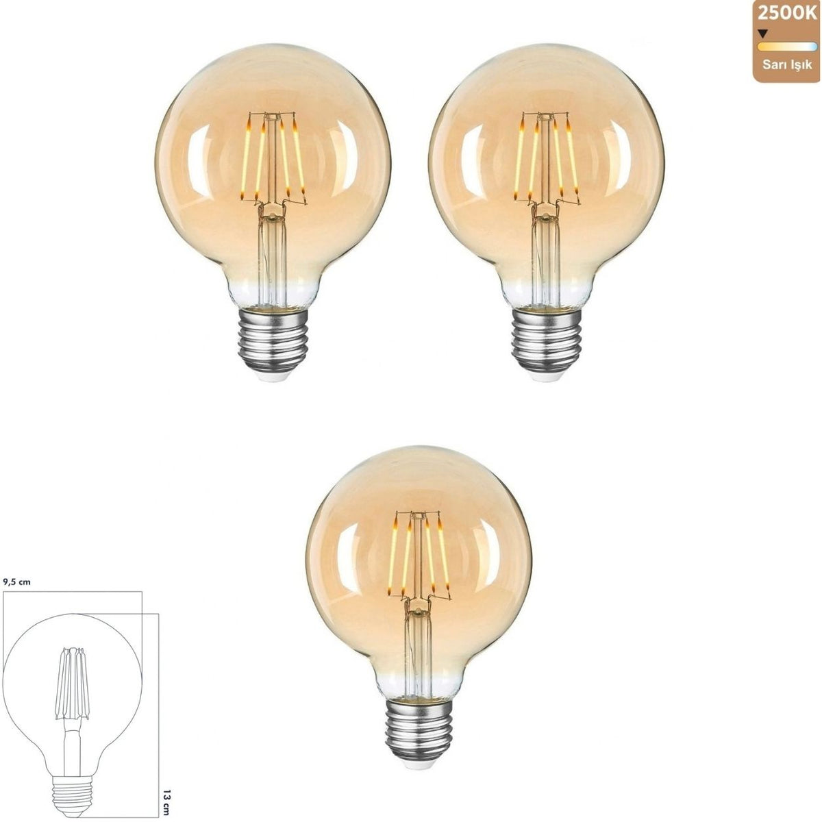 Heka G95 Bal Cam LED Ampul 7W E27 2500K Sarı Işık ERD-324 (3'lü Paket)