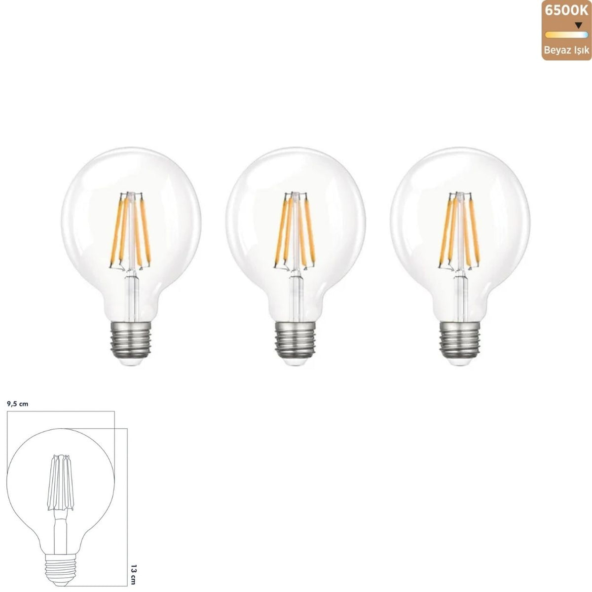 Heka G95 Şeffaf Cam LED Ampul 7W E27 6500K Beyaz Işık ERD-323 (3'lü Paket)