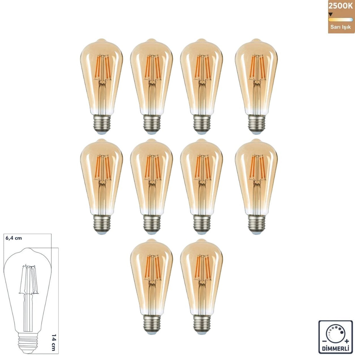 Heka ST64 Bal Cam LED Ampul 10W E27 2500K Sarı Işık ERD-315 (10'lu Paket)