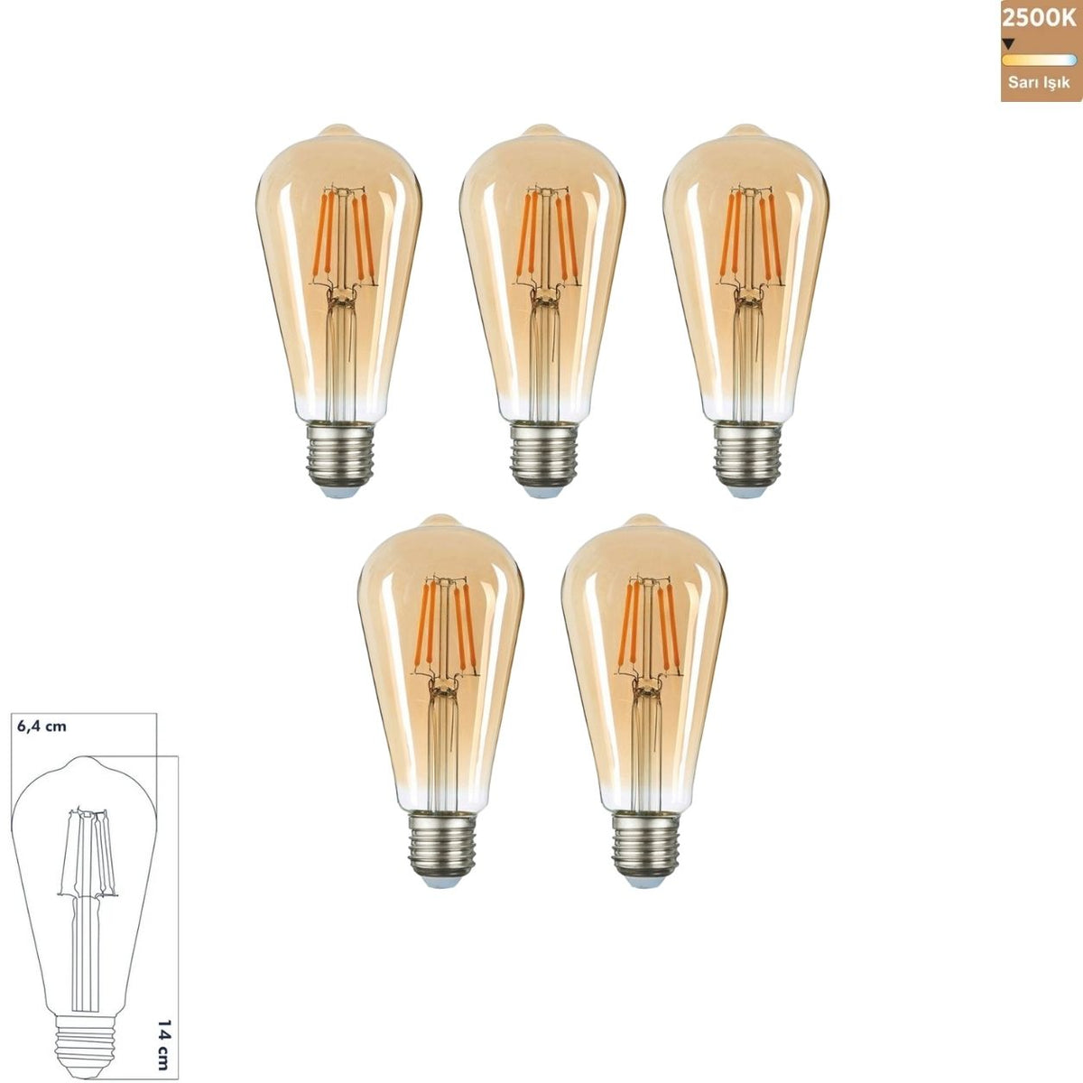 Heka ST64 Bal Cam LED Ampul 7W E27 2500K Sarı Işık ERD-321 (5'li Paket)