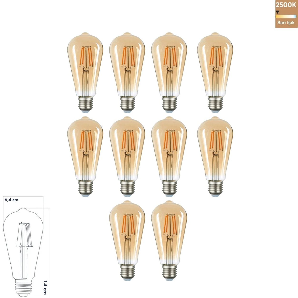Heka ST64 Bal Cam LED Ampul 7W E27 2500K Sarı Işık ERD-321 (10'lu Paket)
