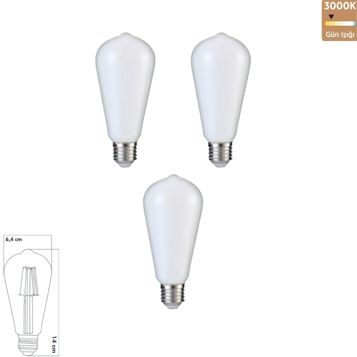 Heka ST64 Opal Cam LED Ampul 6W E27 3000K Gün Işığı ERD-234 (3'lü Paket)