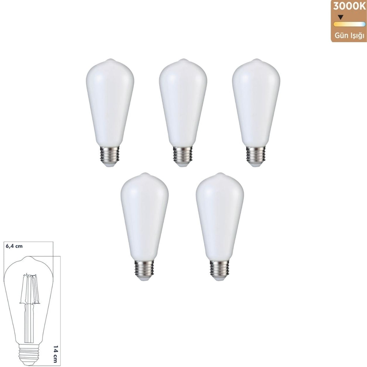 Heka ST64 Opal Cam LED Ampul 6W E27 3000K Gün Işığı ERD-234 (5'li Paket)