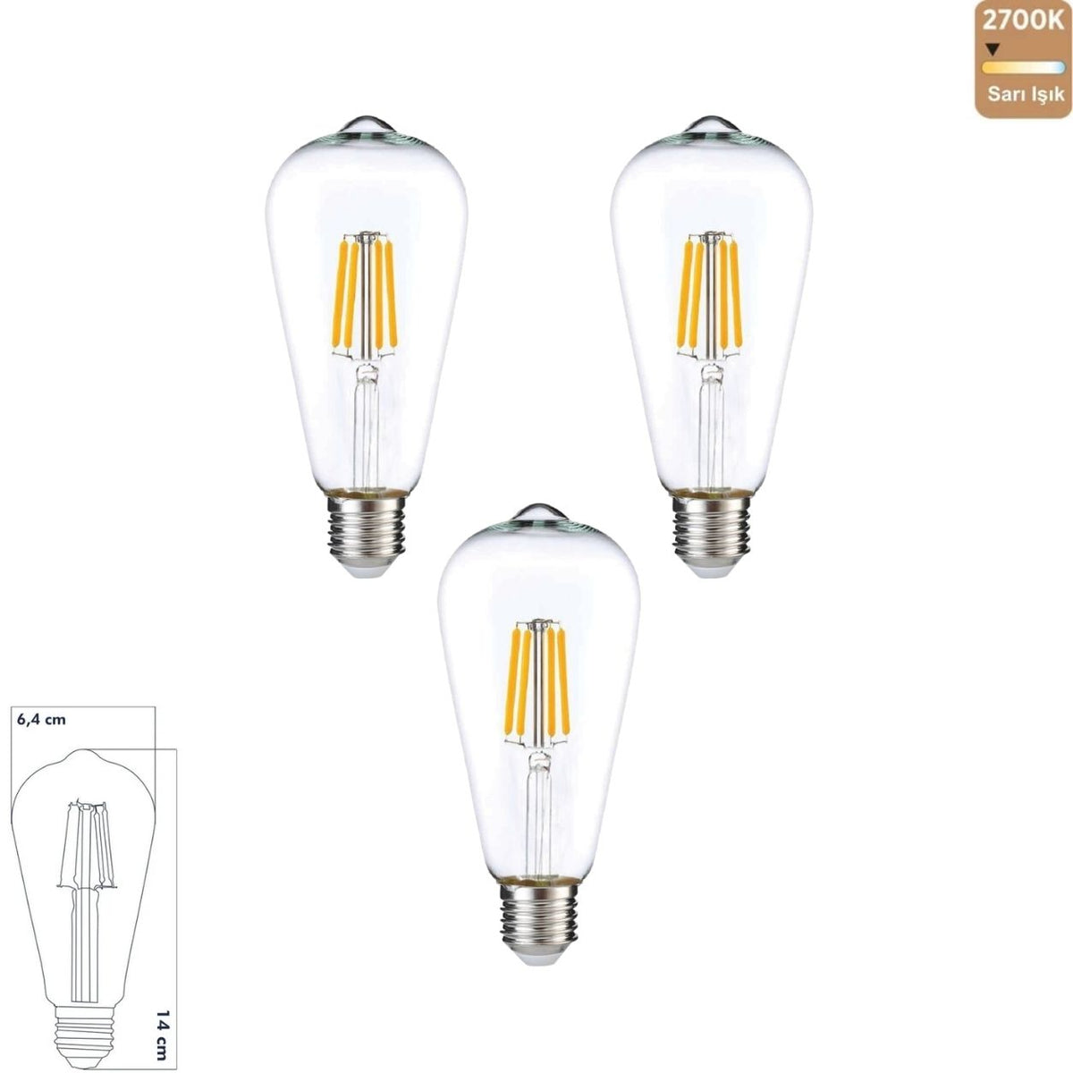 Heka ST64 Şeffaf Cam LED Ampul 7W E27 2700K Sarı Işık ERD-319 (3'lü Paket)