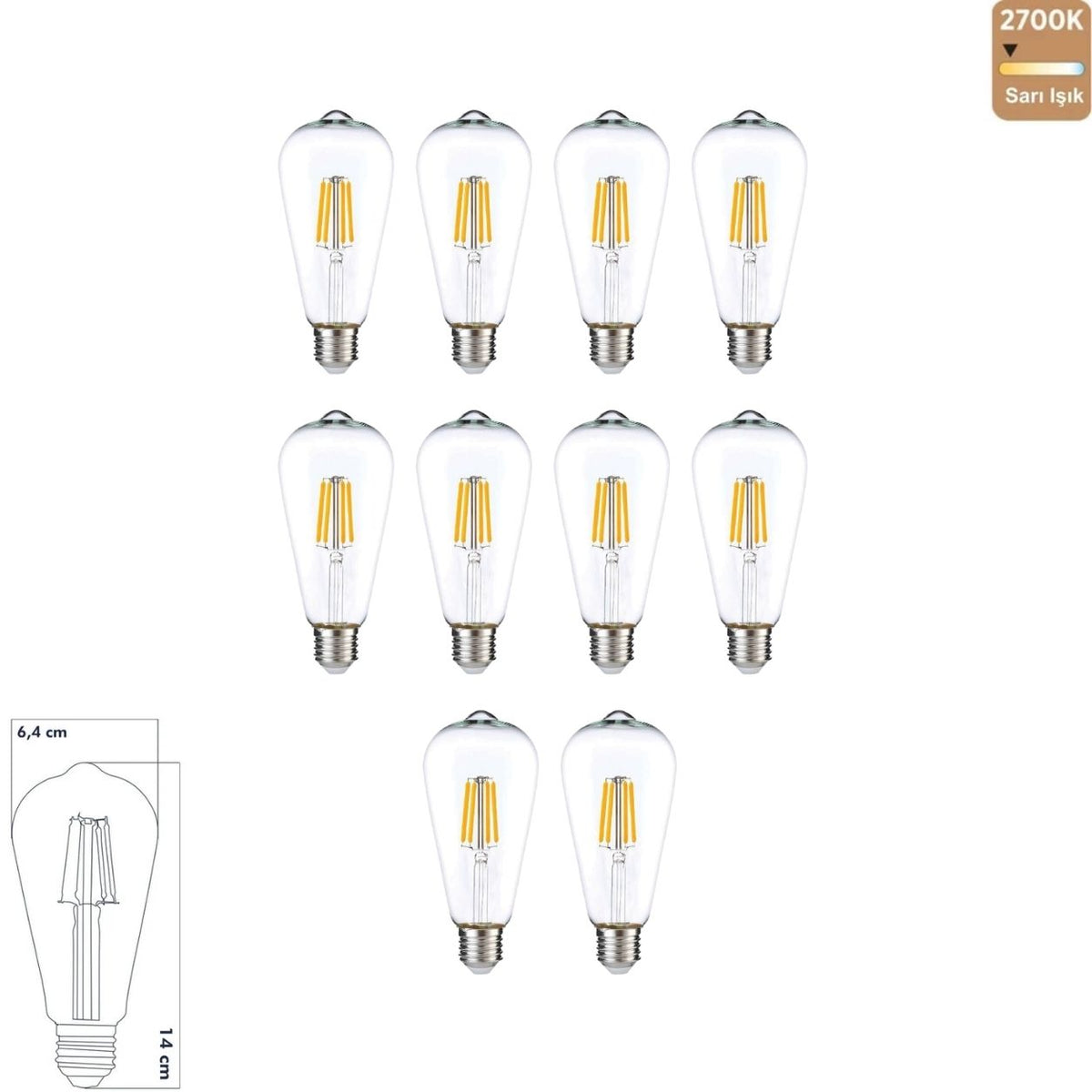 Heka ST64 Şeffaf Cam LED Ampul 7W E27 2700K Sarı Işık ERD-319 (10'lu Paket)