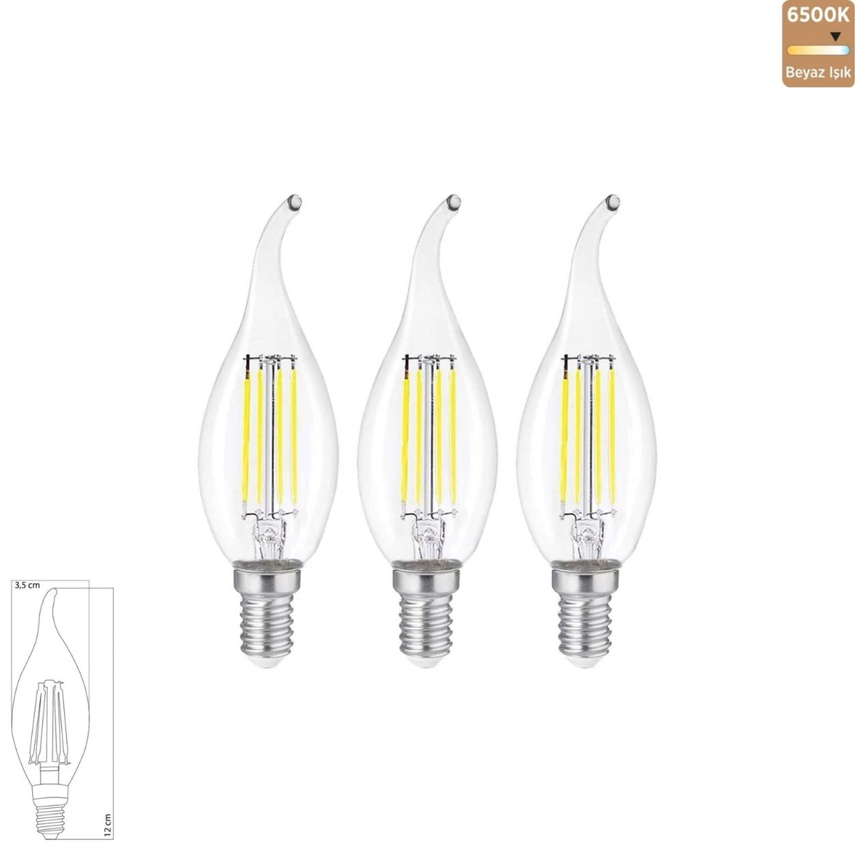 Heka T35 Kıvrık Şeffaf Cam LED Ampul 6W E14 6500K Beyaz Işık ERD-94 (3'lü Paket)