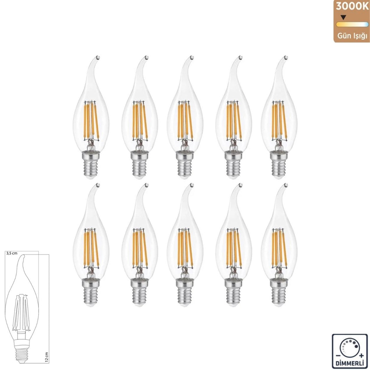 Heka T35 Şeffaf Cam Kıvrık LED Ampul 6W E14 3000K Gün Işığı ERD-309 (10'lu Paket)