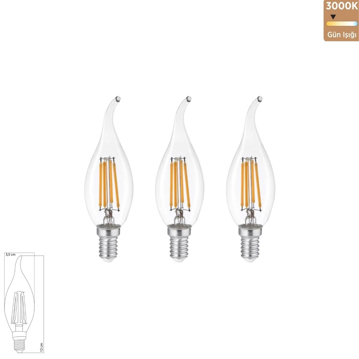 Heka T35 Şeffaf Cam Rustik Kıvrık Uç LED Ampul 6W E14 3000K Gün Işığı ERD-83 (3'lü Paket)