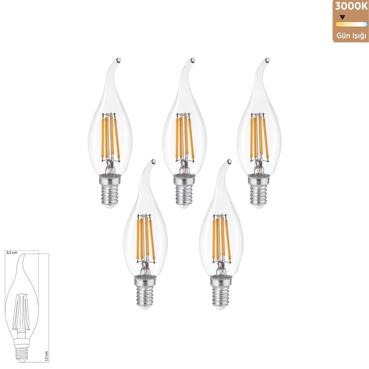 Heka T35 Şeffaf Cam Rustik Kıvrık Uç LED Ampul 6W E14 3000K Gün Işığı ERD-83 (5'li Paket)