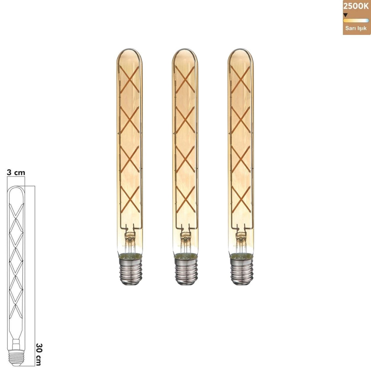 Heka T30 Rustik Çubuk LED Ampul 8W E27 2500K Sarı Işık ERD-38 (3'lü Paket)