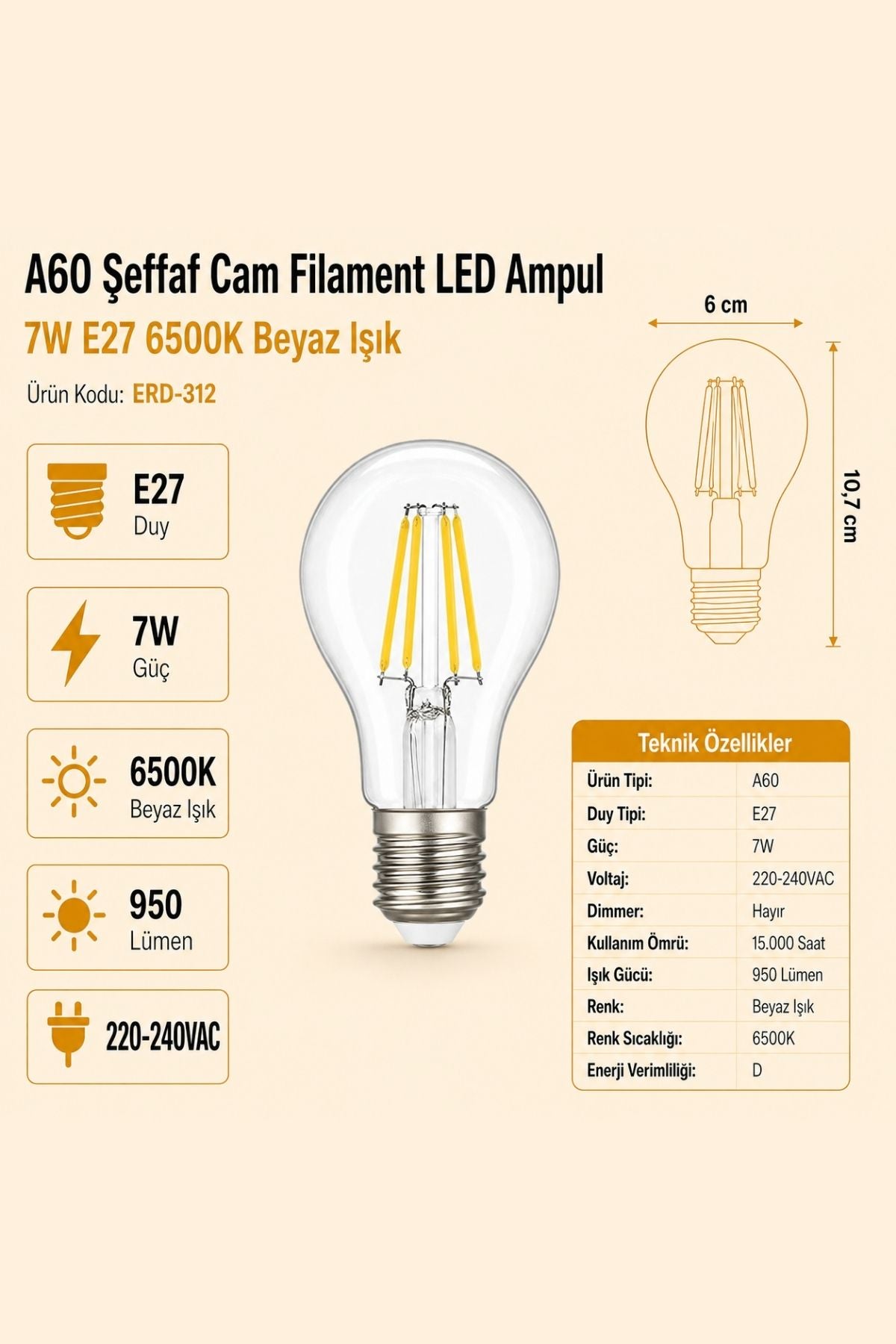 HEKA A60 Şeffaf Cam Filament LED Ampul 7W E27 6500K Beyaz Işık ERD-312