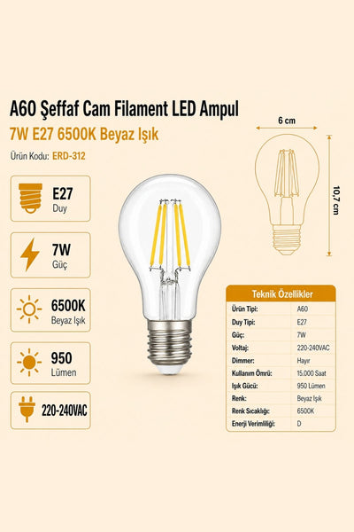 HEKA A60 Şeffaf Cam Filament LED Ampul 7W E27 6500K Beyaz Işık ERD-312