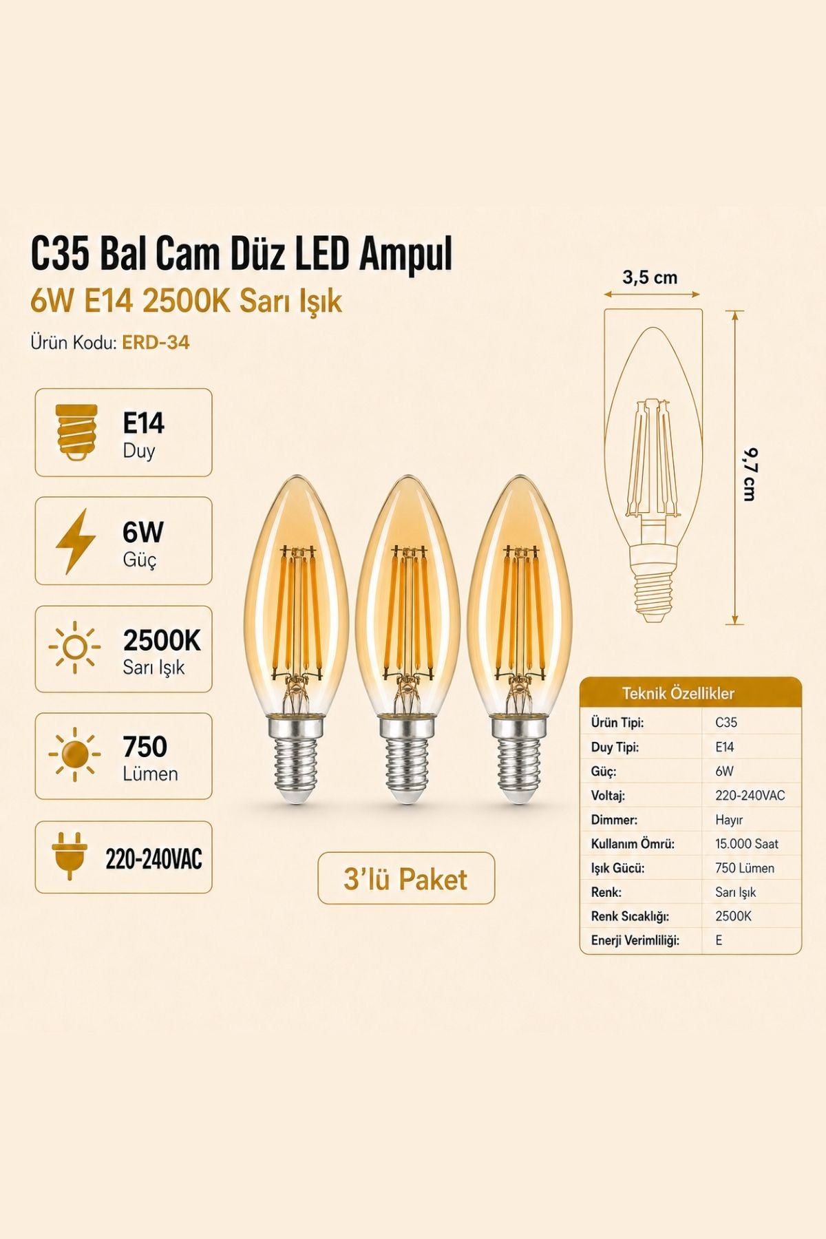 Heka C35 Bal Düz LED Ampul 6W E14 2500K Sarı Işık ERD-34 3'lü
