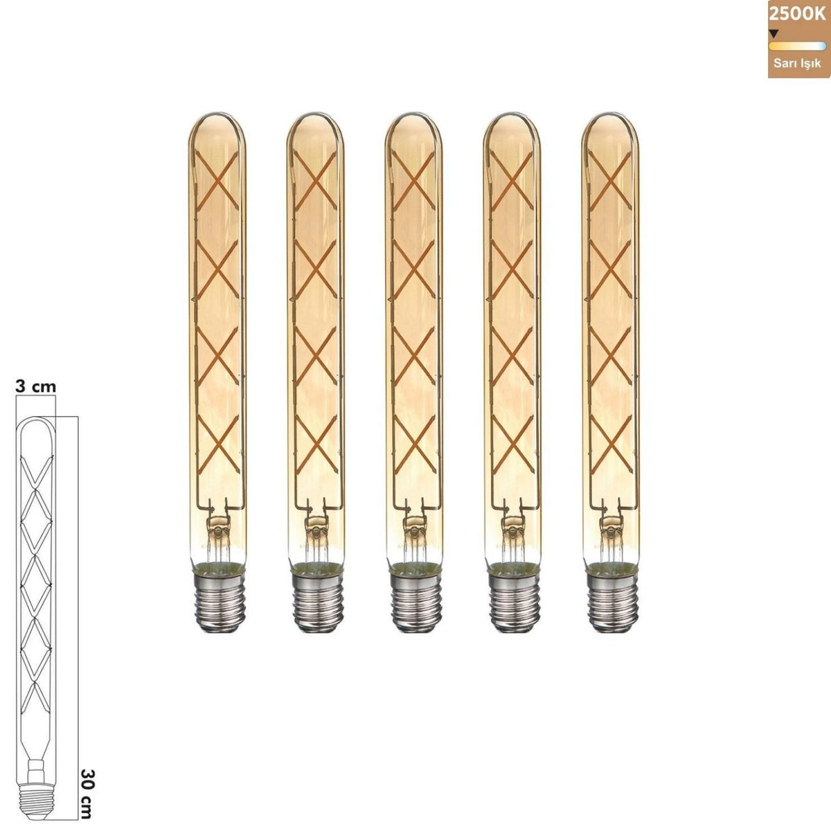 Heka T30 Rustik Çubuk LED Ampul 8W E27 2500K Sarı Işık ERD-38 (5'li Paket)