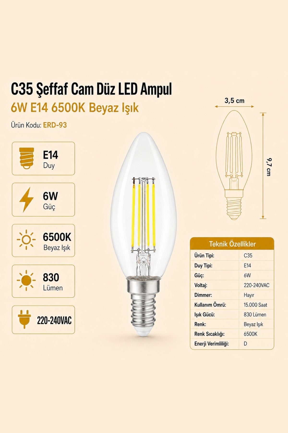 HEKA C35 Şeffaf Cam Düz LED Ampul 6W E14 6500K Beyaz Işık ERD-93