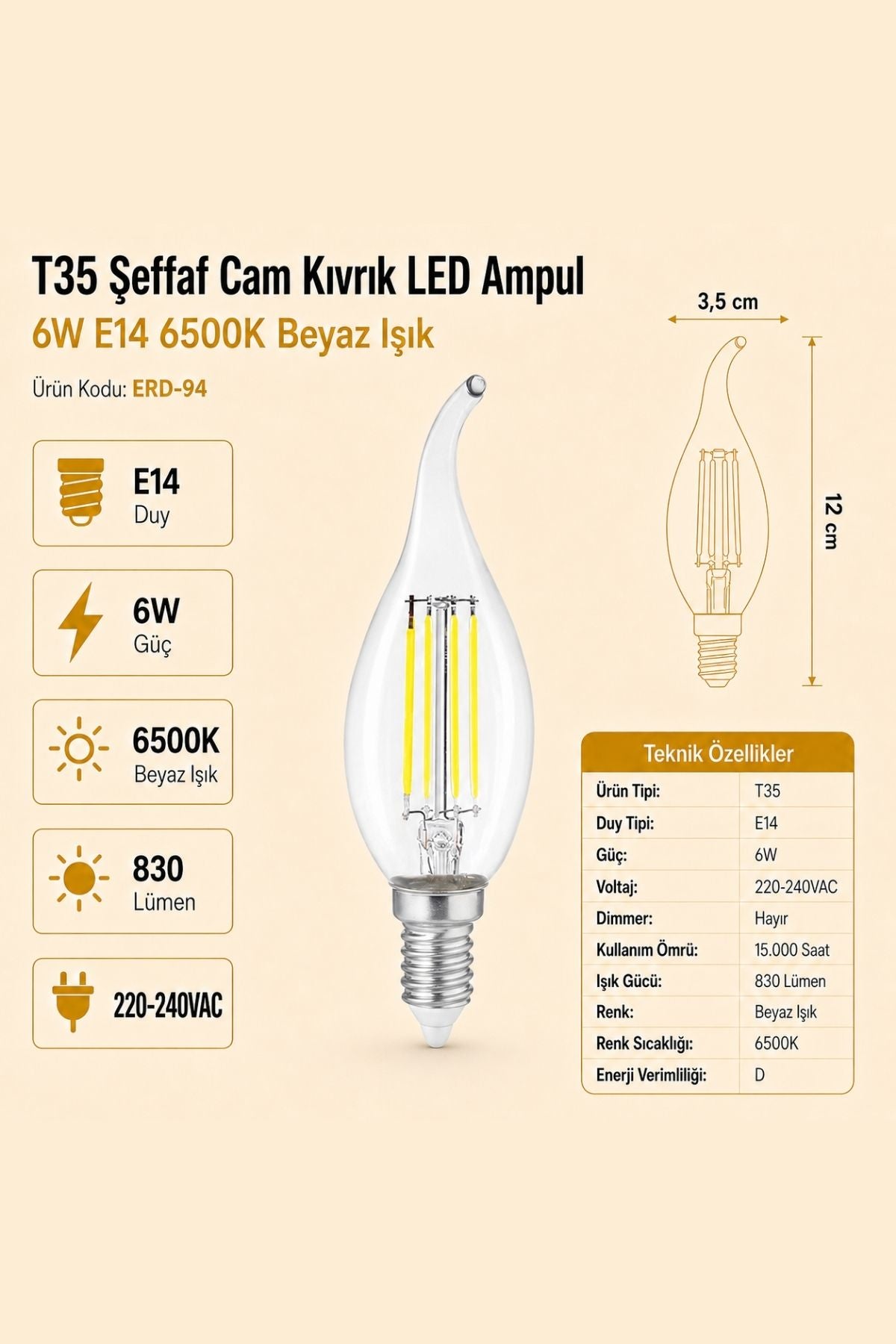 HEKA T35 Şeffaf Cam Kıvrık LED Ampul 6W E14 6500K Beyaz Işık ERD-94