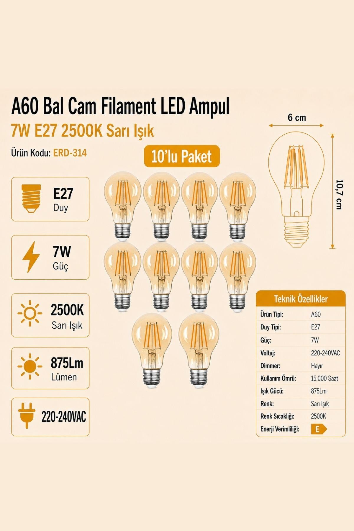 HEKA A60 Bal Cam Filament LED Ampul 7W E27 2500K Sarı Işık ERD-314 10'lu