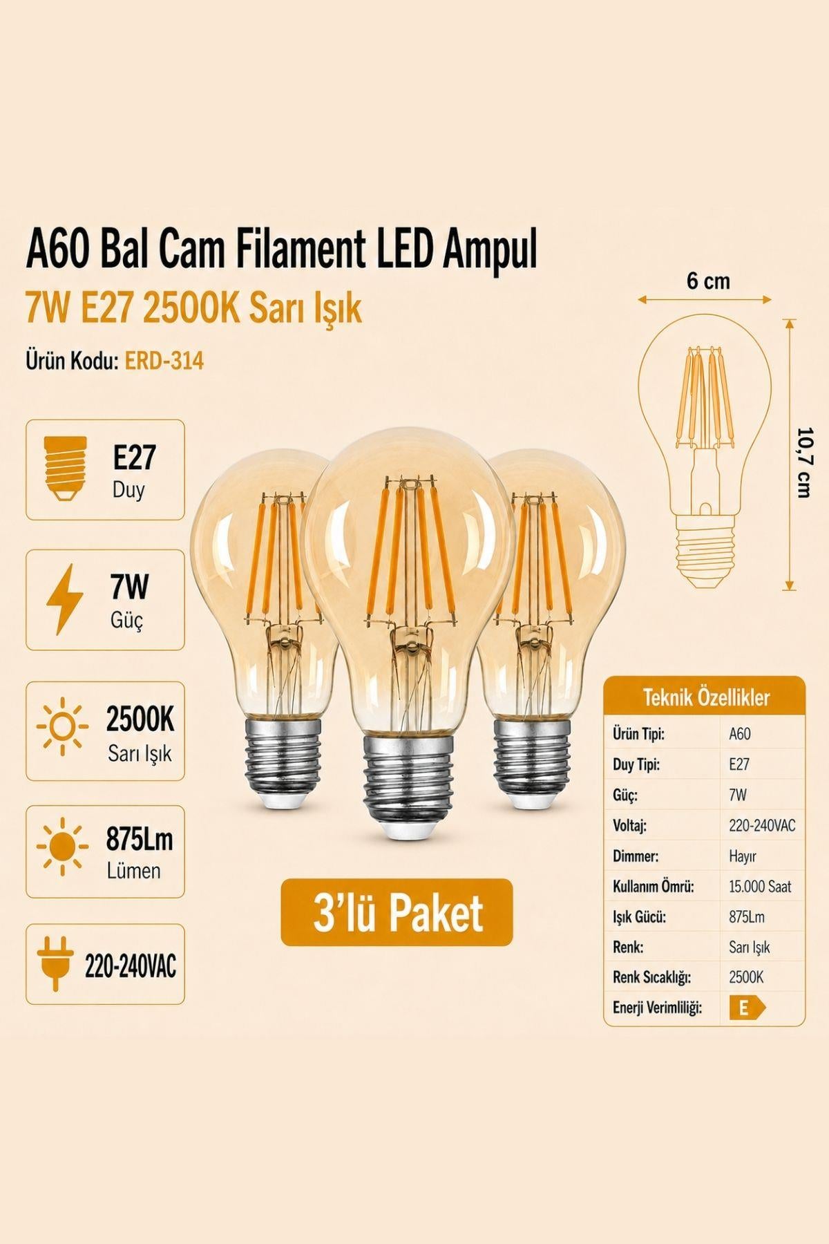 HEKA A60 Bal Cam Filament LED Ampul 7W E27 2500K Sarı Işık ERD-314 3'lü