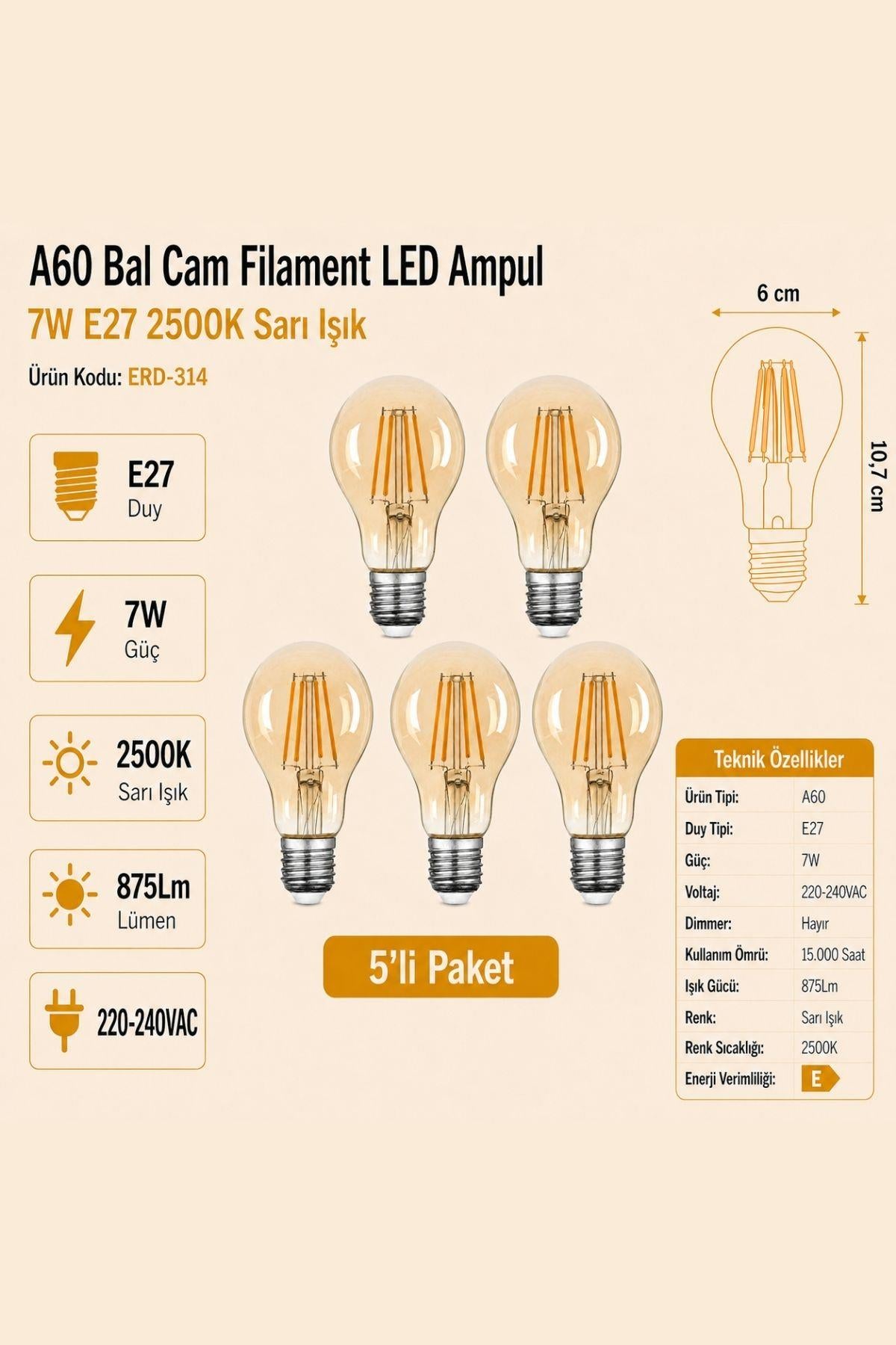 HEKA A60 Bal Cam Filament LED Ampul 7W E27 2500K Sarı Işık ERD-314 5'li