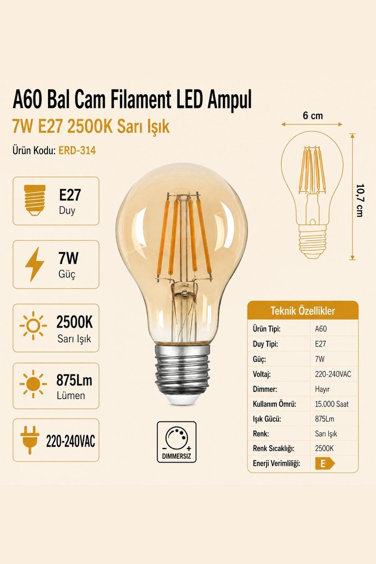 HEKA A60 Bal Cam Filament LED Ampul 7W E27 2500K Sarı Işık ERD-314