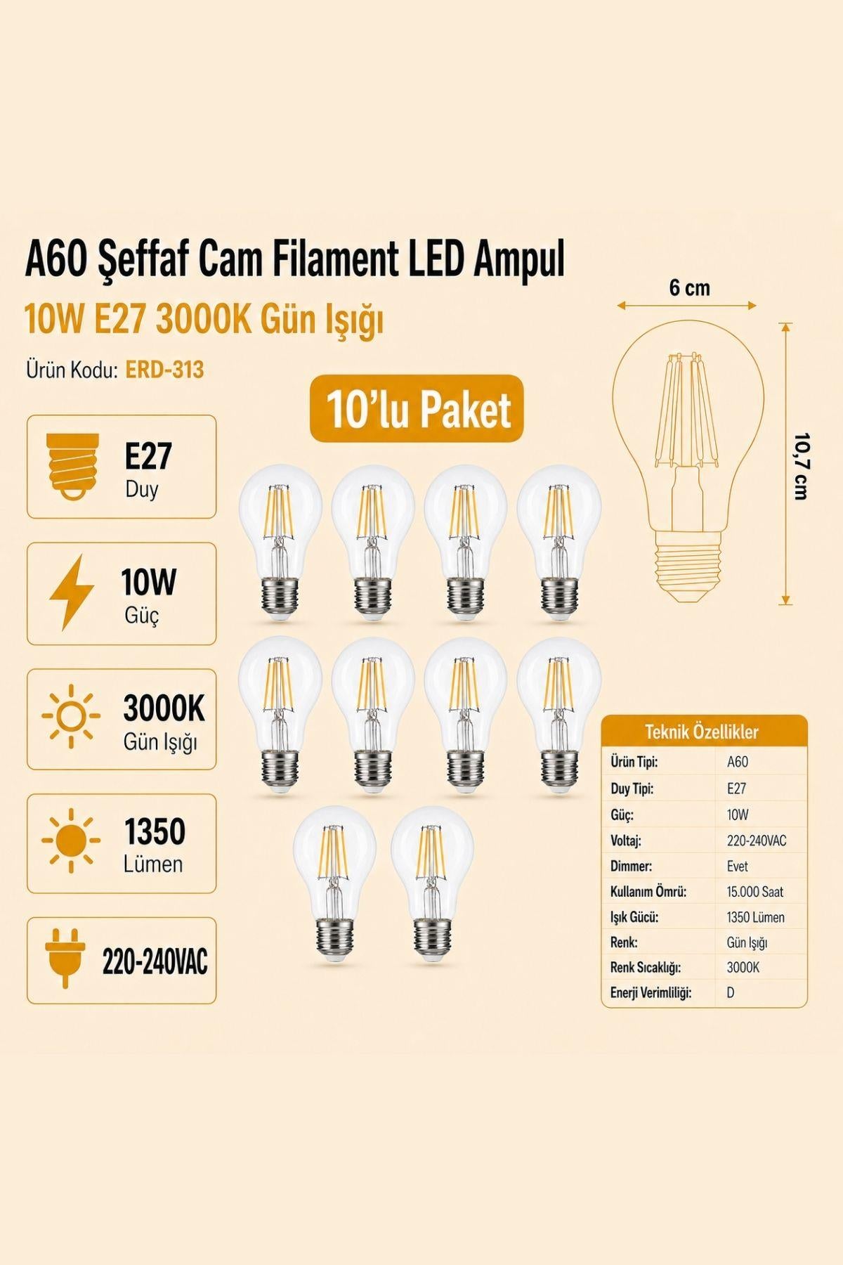 HEKA A60 Şeffaf Cam Filament LED Ampul 10W E27 3000K Gün Işığı ERD-313 10'lu