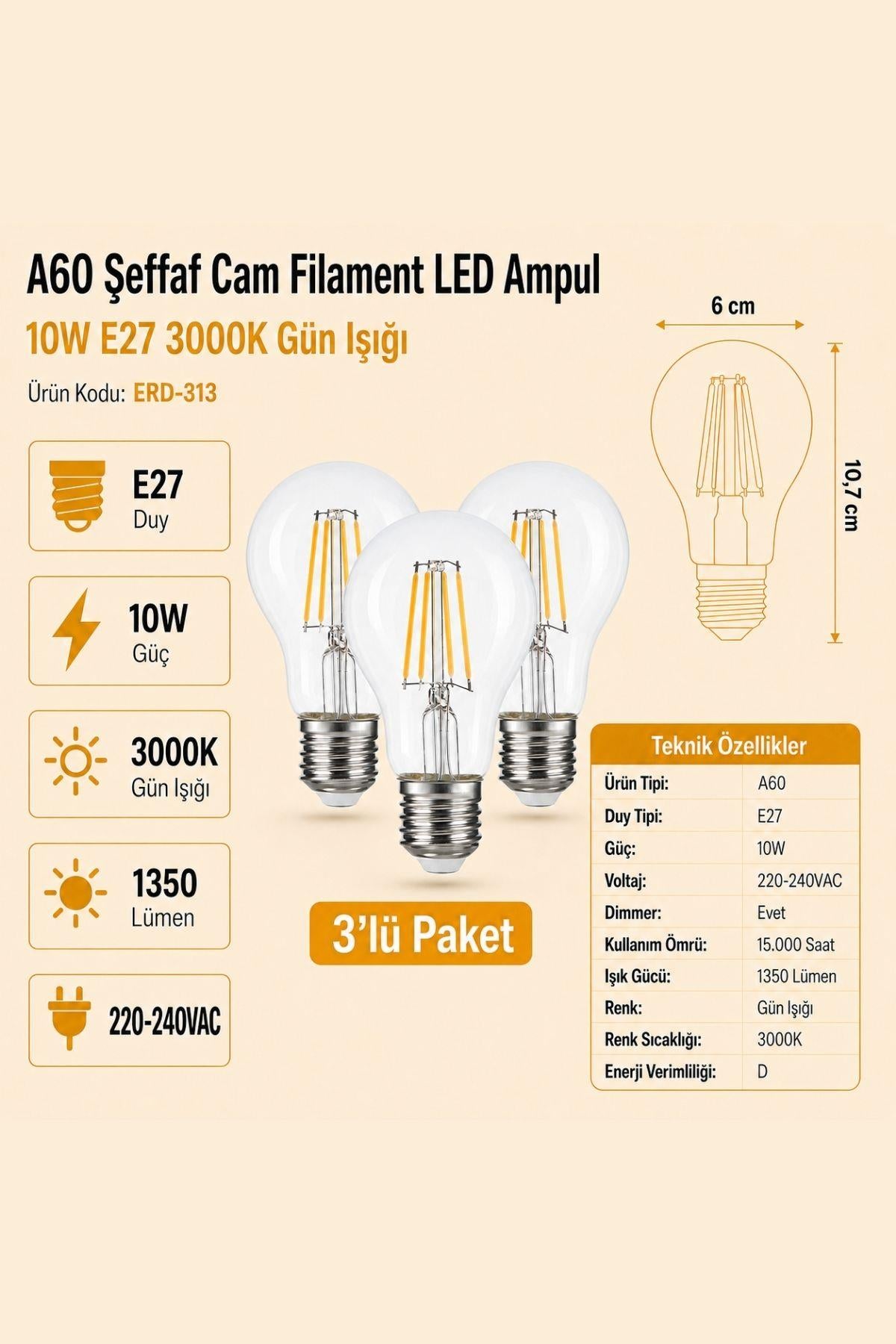 HEKA A60 Şeffaf Cam Filament LED Ampul 10W E27 3000K Gün Işığı ERD-313 3'lü